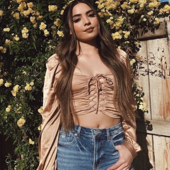 Starlow Brown Front Tie Long Sleeve Crop Top Size X-Small - Picture 2 of 9